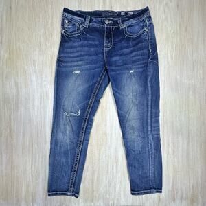 Miss Me Mid Rise Easy Crop Bling Rhinestones Distressed Blue Denim Jeans Size 29